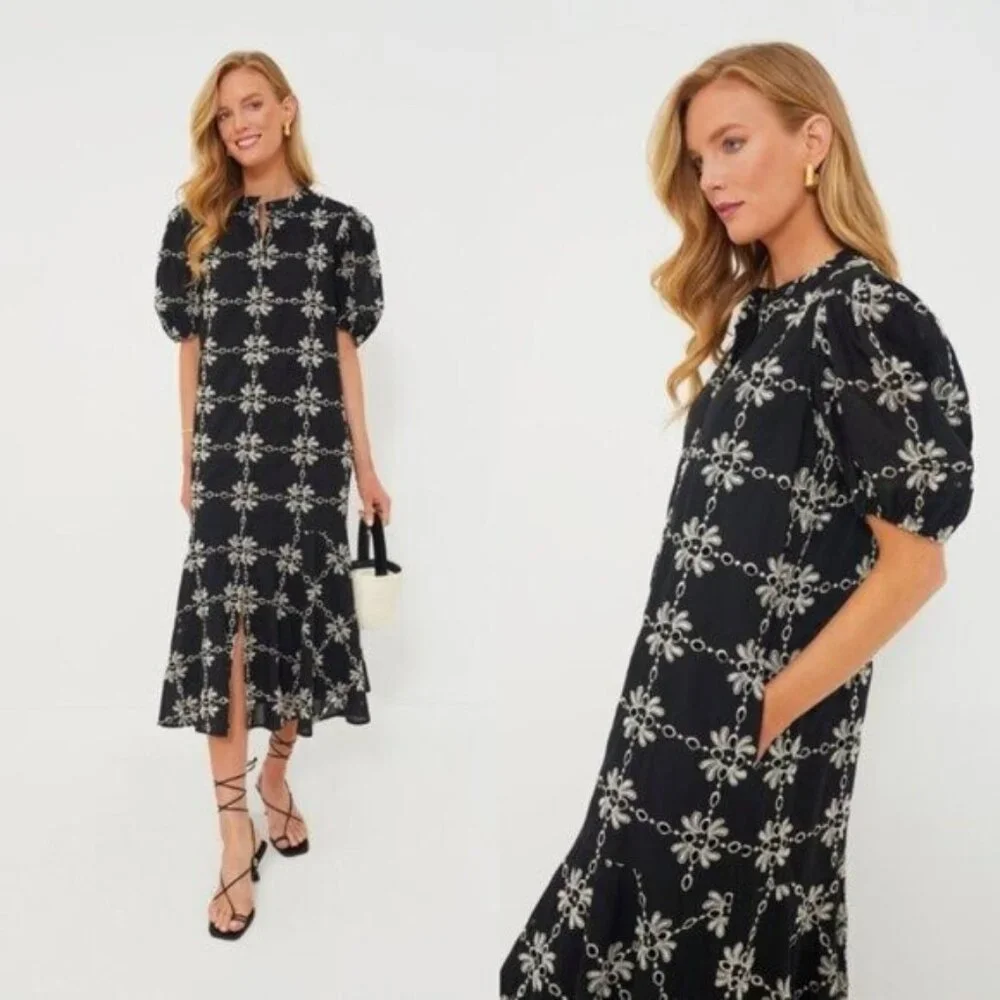 Tuckernuck NEW Black Eyelet Lewis Puff Sleeve Embroidered Maxi Dress Size M - Picture 1 of 11